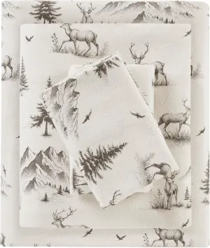 Woolrich Cotton Sheet Set Cottage Charms Print, 100% Cotton Flannel Sheets Warm & Fuzzy Bedding Set Queen Size Sheets, Fitted Pocket Fits Up to 14" Mattress, Queen Gray Deer Toile 4 Piece
