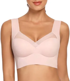WOWENY Seamless Wirefree Bras for Women Comfy Mesh Soft Padded Back Smoothing Bra