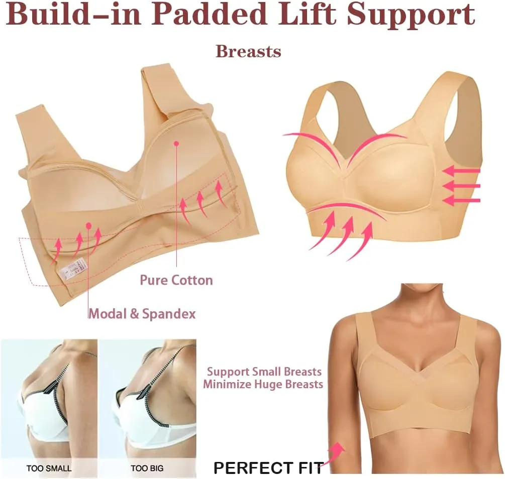 WOWENY Womens Wirefree Padded Bras Everyday Lounge Bra Sleeping Seamless Straps Bralettes Full Coverage Pullover Plus Size