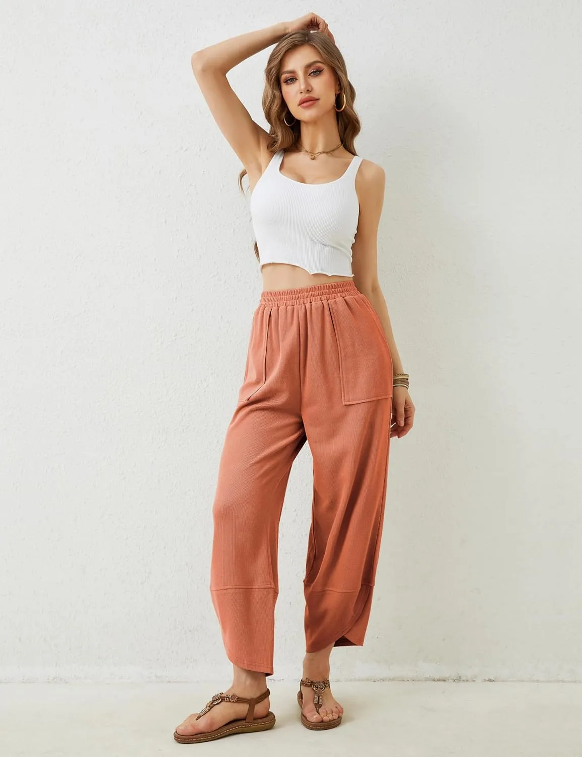 Xiaoxuemeng Womens Baggy Wide Leg Pants Casual Elastic Waisted Palazzo Harem Pants with Pockets