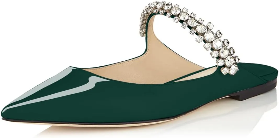 XINIUNIU Women Heeled Mules Patent Leather Strapped Mules Pointed Toe Slip On Sandals for Women Rhinestones Bridal Dress Shoes