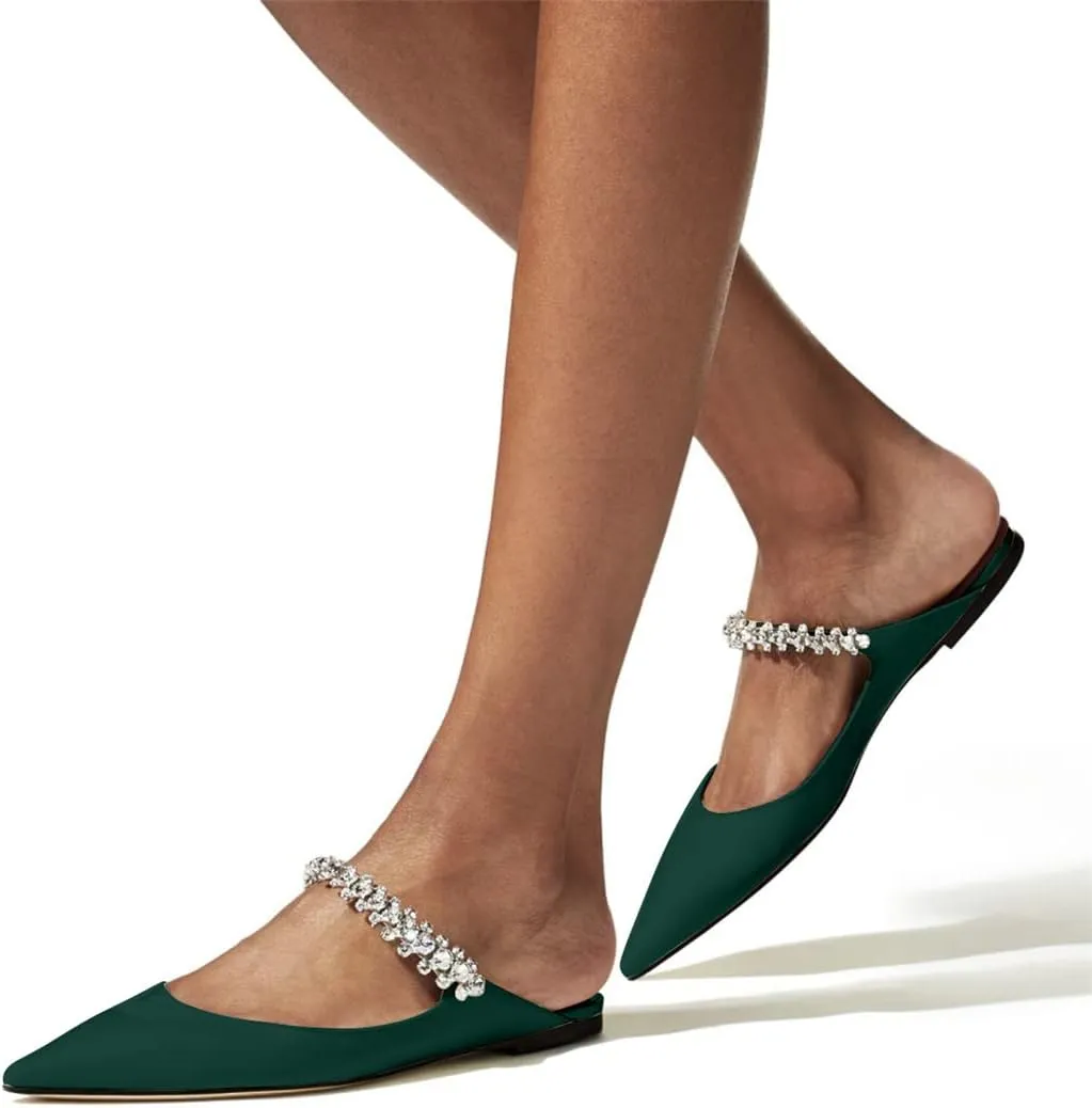 XINIUNIU Women Heeled Mules Patent Leather Strapped Mules Pointed Toe Slip On Sandals for Women Rhinestones Bridal Dress Shoes