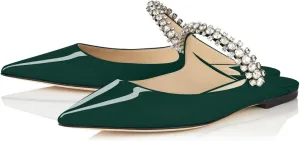 XINIUNIU Women Heeled Mules Patent Leather Strapped Mules Pointed Toe Slip On Sandals for Women Rhinestones Bridal Dress Shoes