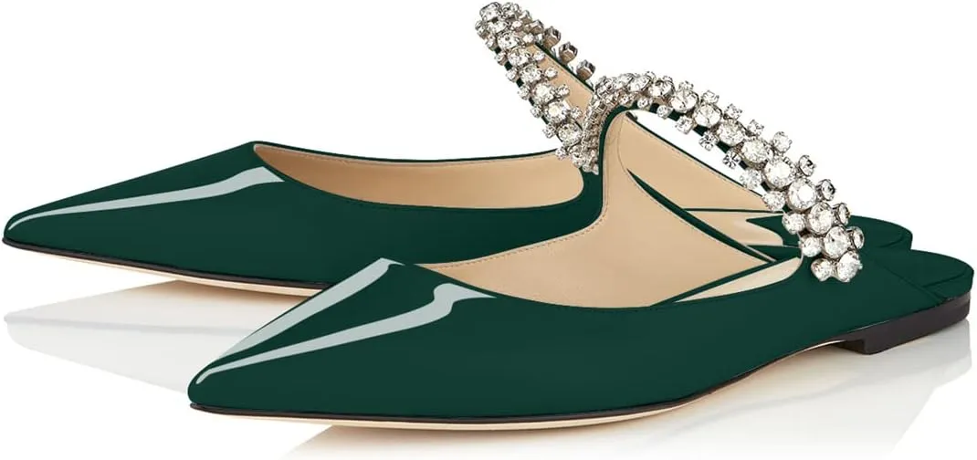 XINIUNIU Women Heeled Mules Patent Leather Strapped Mules Pointed Toe Slip On Sandals for Women Rhinestones Bridal Dress Shoes