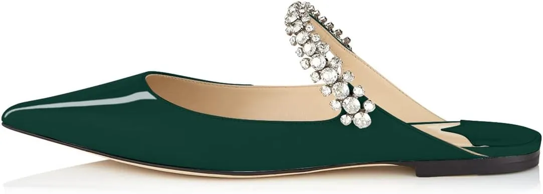 XINIUNIU Women Heeled Mules Patent Leather Strapped Mules Pointed Toe Slip On Sandals for Women Rhinestones Bridal Dress Shoes