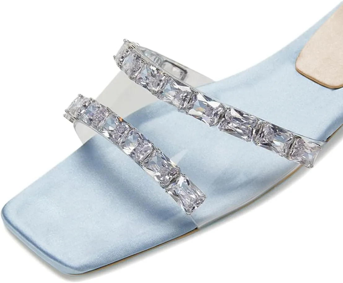 XYD Women Transparent Slides Crystals Rhinestones Flat Sandals Square Open Toe Summer Comfy Shoes