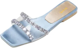 XYD Women Transparent Slides Crystals Rhinestones Flat Sandals Square Open Toe Summer Comfy Shoes