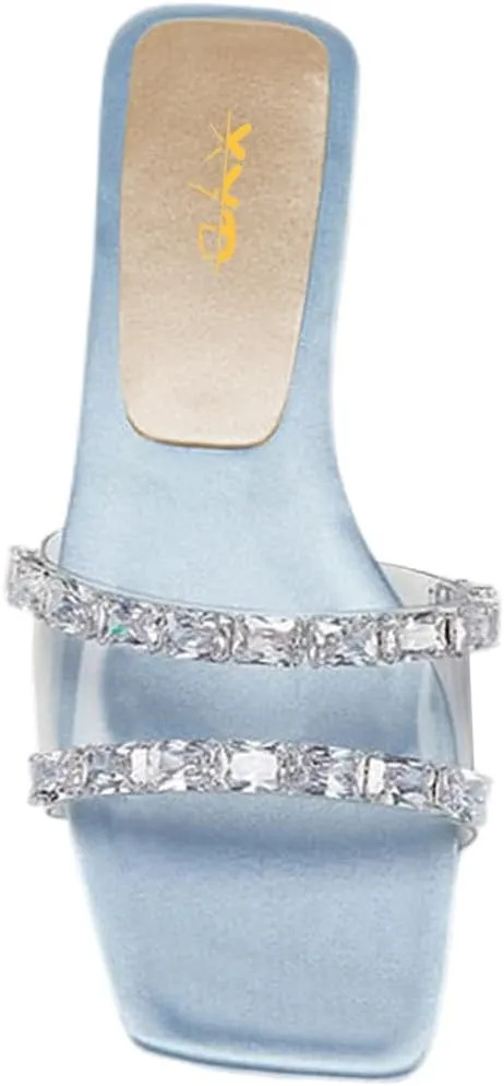 XYD Women Transparent Slides Crystals Rhinestones Flat Sandals Square Open Toe Summer Comfy Shoes
