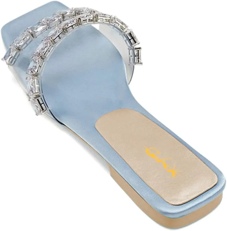 XYD Women Transparent Slides Crystals Rhinestones Flat Sandals Square Open Toe Summer Comfy Shoes