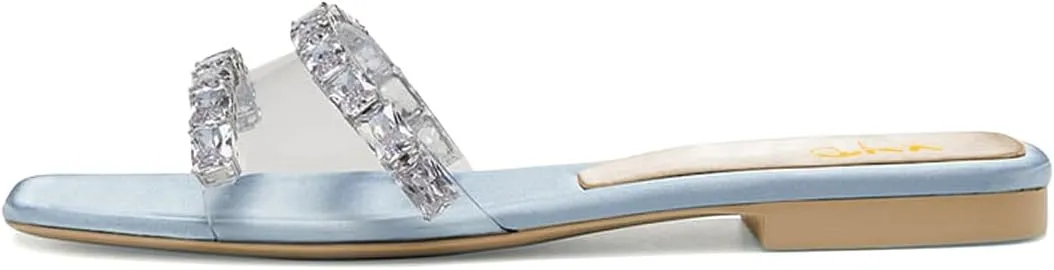XYD Women Transparent Slides Crystals Rhinestones Flat Sandals Square Open Toe Summer Comfy Shoes