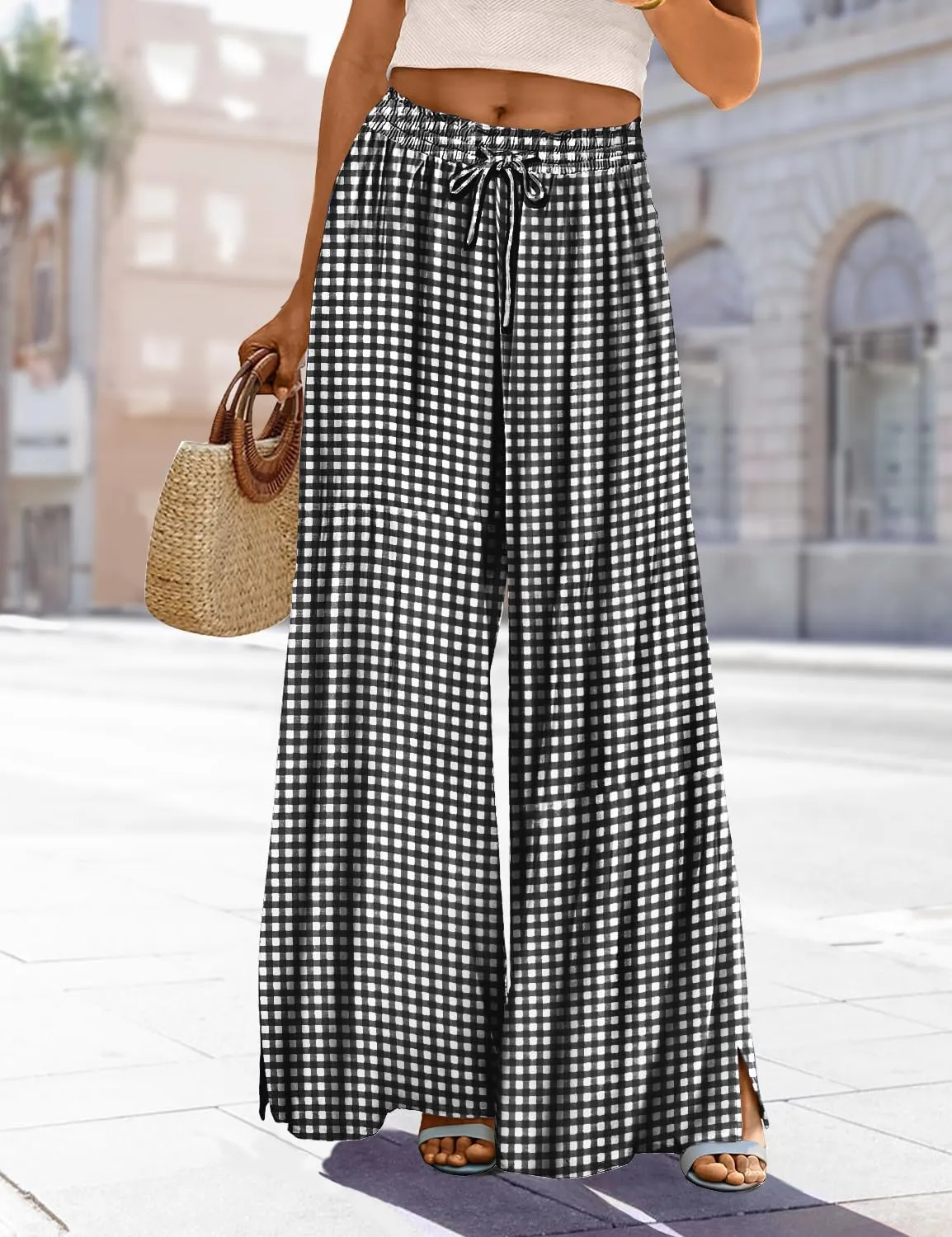 YESNO Women Summer Boho Palazzo Pants High Waist Wide Leg Floral Casual Cotton Lounge Trousers with Pockets PP0