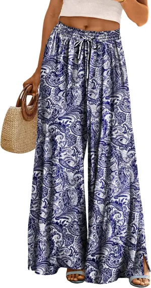YESNO Women Summer Boho Palazzo Pants High Waist Wide Leg Floral Casual Cotton Lounge Trousers with Pockets PP0