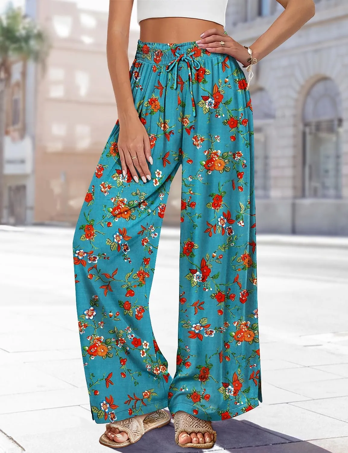 YESNO Women Summer Boho Palazzo Pants High Waist Wide Leg Floral Casual Cotton Lounge Trousers with Pockets PP0