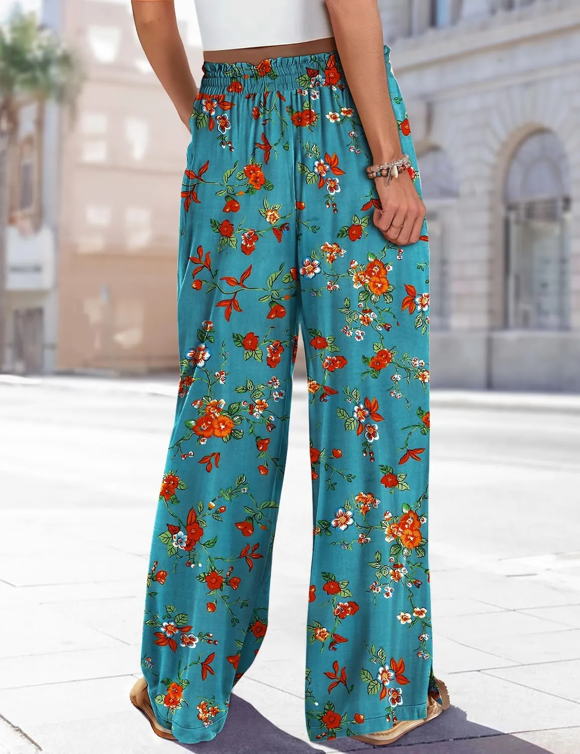 YESNO Women Summer Boho Palazzo Pants High Waist Wide Leg Floral Casual Cotton Lounge Trousers with Pockets PP0