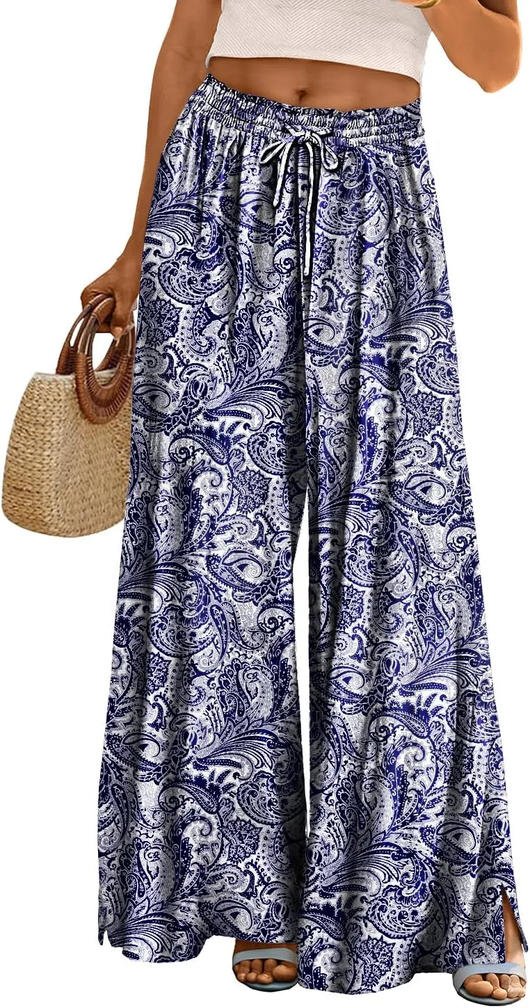 YESNO Women Summer Boho Palazzo Pants High Waist Wide Leg Floral Casual Cotton Lounge Trousers with Pockets PP0