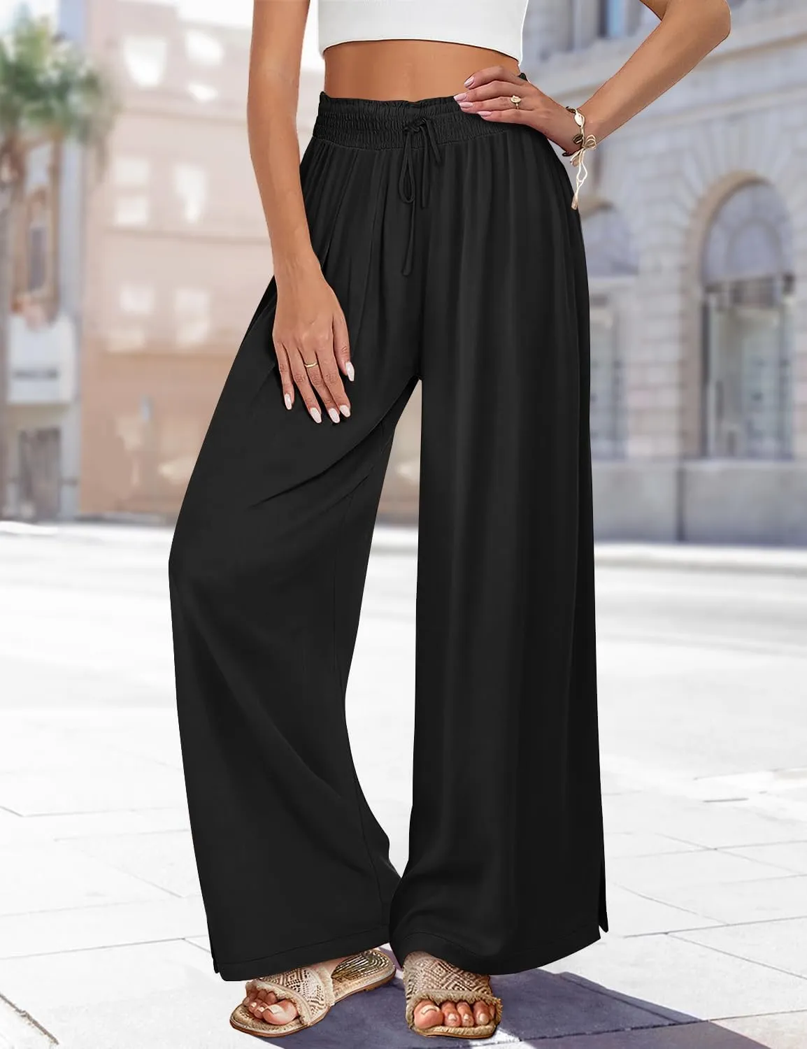 YESNO Women Summer Boho Palazzo Pants High Waist Wide Leg Floral Casual Cotton Lounge Trousers with Pockets PP0
