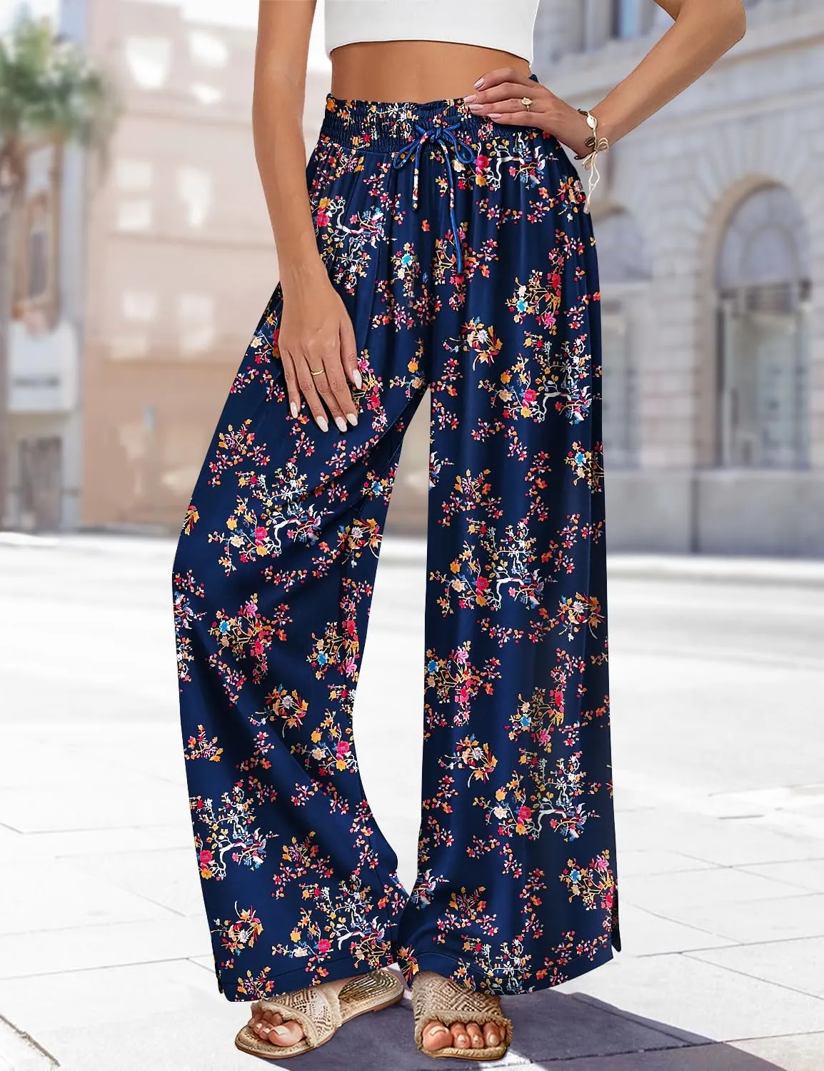 YESNO Women Summer Boho Palazzo Pants High Waist Wide Leg Floral Casual Cotton Lounge Trousers with Pockets PP0