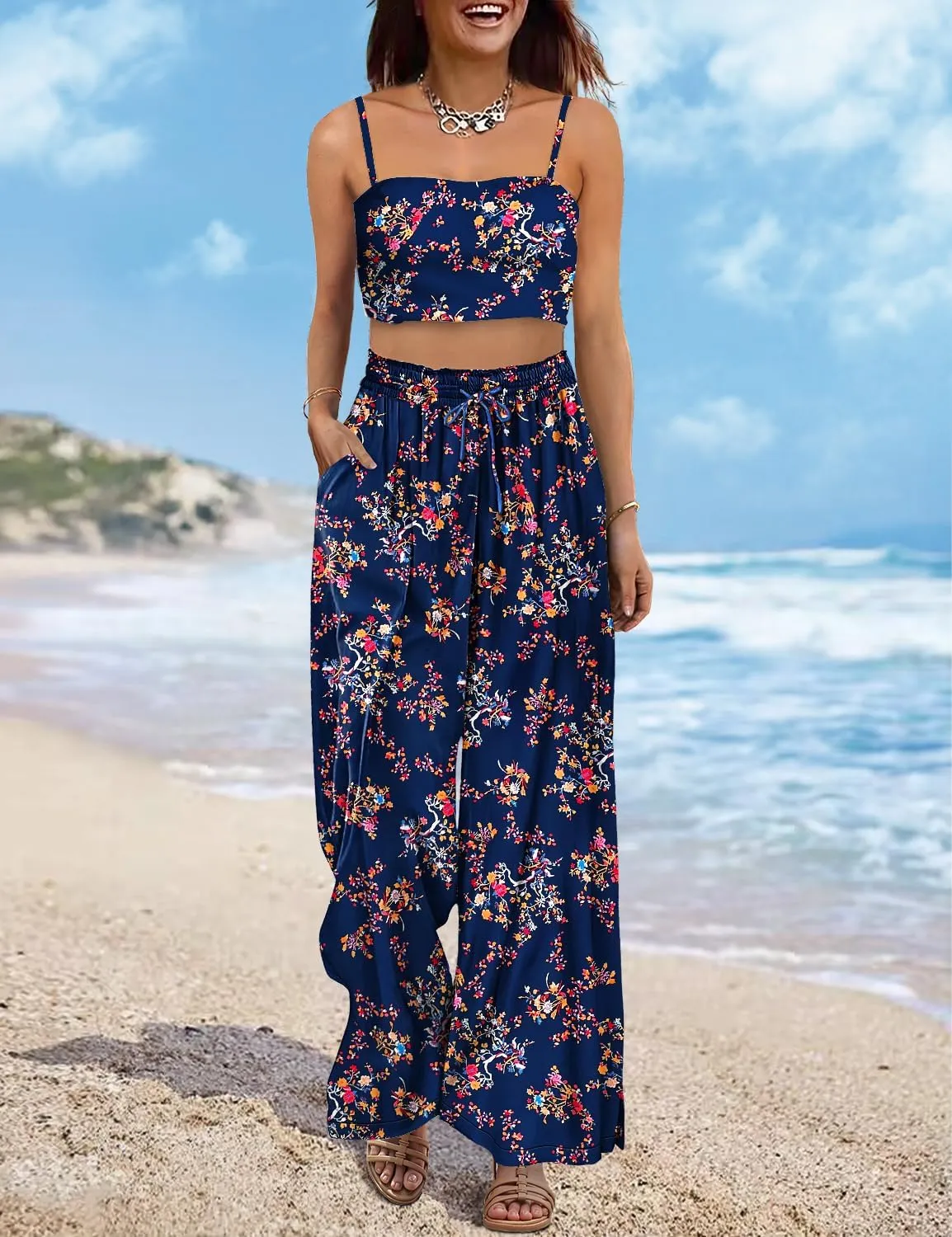 YESNO Women Summer Boho Palazzo Pants High Waist Wide Leg Floral Casual Cotton Lounge Trousers with Pockets PP0
