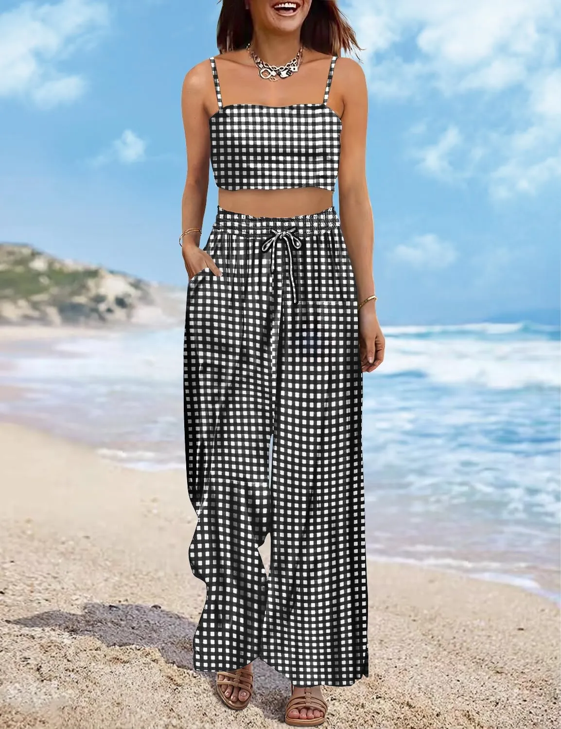 YESNO Women Summer Boho Palazzo Pants High Waist Wide Leg Floral Casual Cotton Lounge Trousers with Pockets PP0