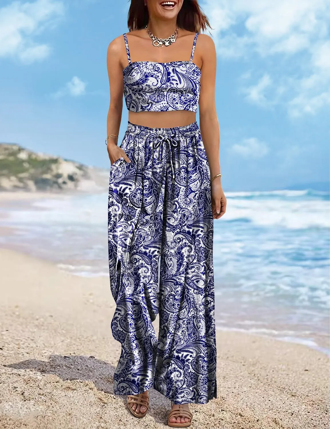YESNO Women Summer Boho Palazzo Pants High Waist Wide Leg Floral Casual Cotton Lounge Trousers with Pockets PP0