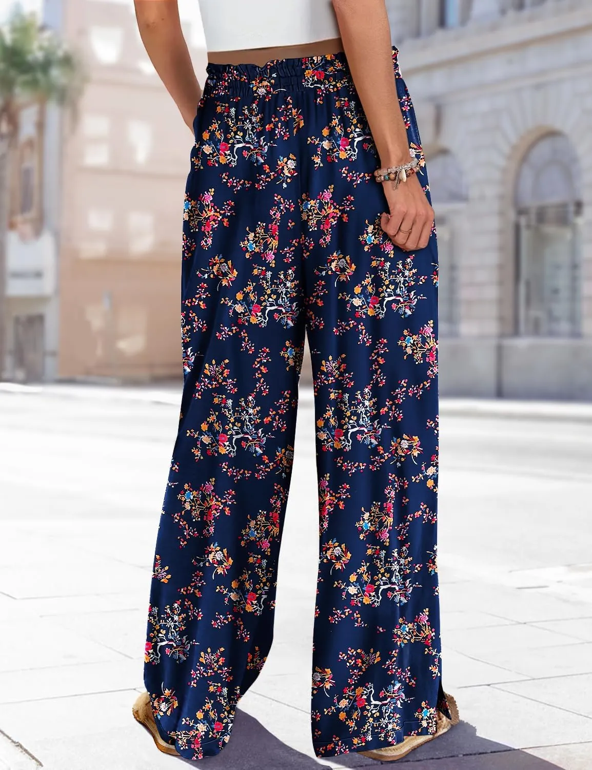 YESNO Women Summer Boho Palazzo Pants High Waist Wide Leg Floral Casual Cotton Lounge Trousers with Pockets PP0