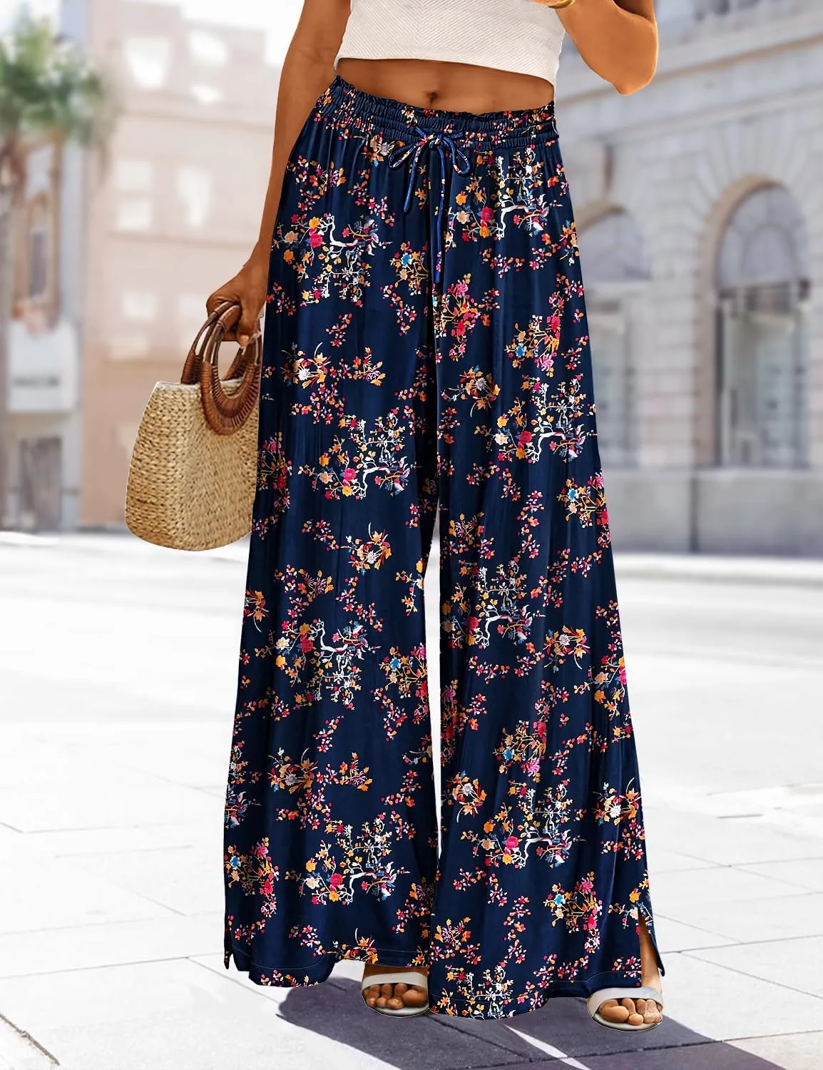 YESNO Women Summer Boho Palazzo Pants High Waist Wide Leg Floral Casual Cotton Lounge Trousers with Pockets PP0