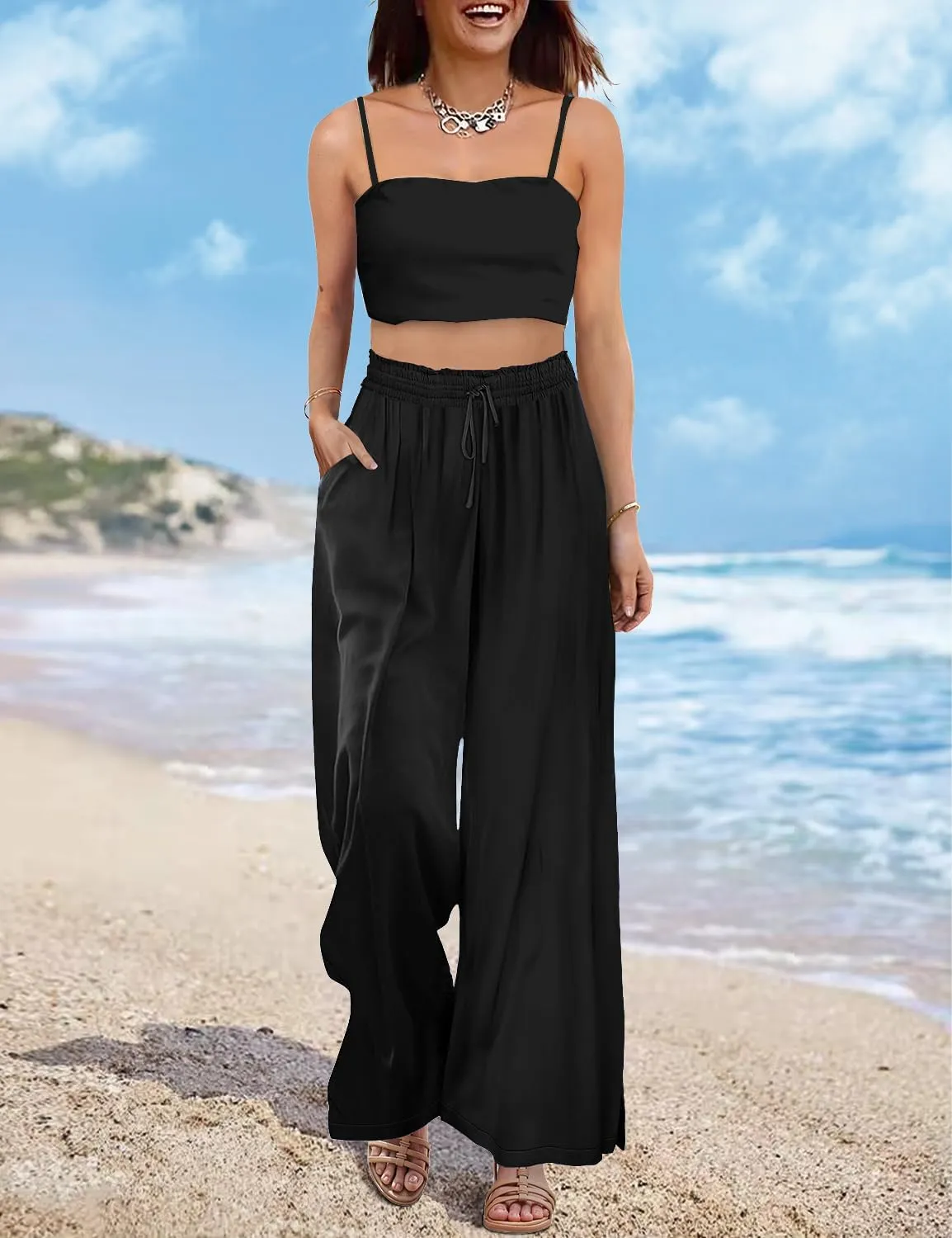 YESNO Women Summer Boho Palazzo Pants High Waist Wide Leg Floral Casual Cotton Lounge Trousers with Pockets PP0