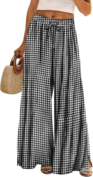 YESNO Women Summer Boho Palazzo Pants High Waist Wide Leg Floral Casual Cotton Lounge Trousers with Pockets PP0