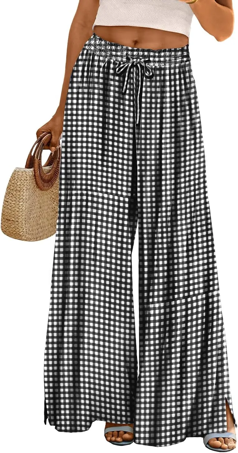 YESNO Women Summer Boho Palazzo Pants High Waist Wide Leg Floral Casual Cotton Lounge Trousers with Pockets PP0