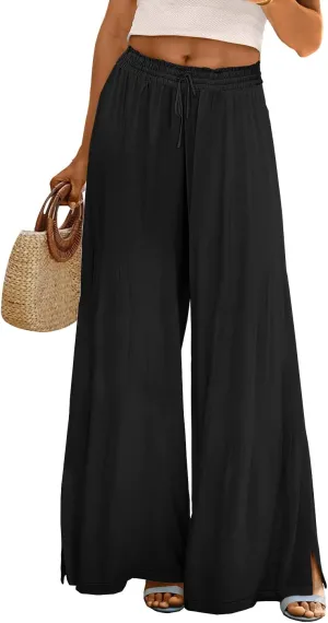 YESNO Women Summer Boho Palazzo Pants High Waist Wide Leg Floral Casual Cotton Lounge Trousers with Pockets PP0
