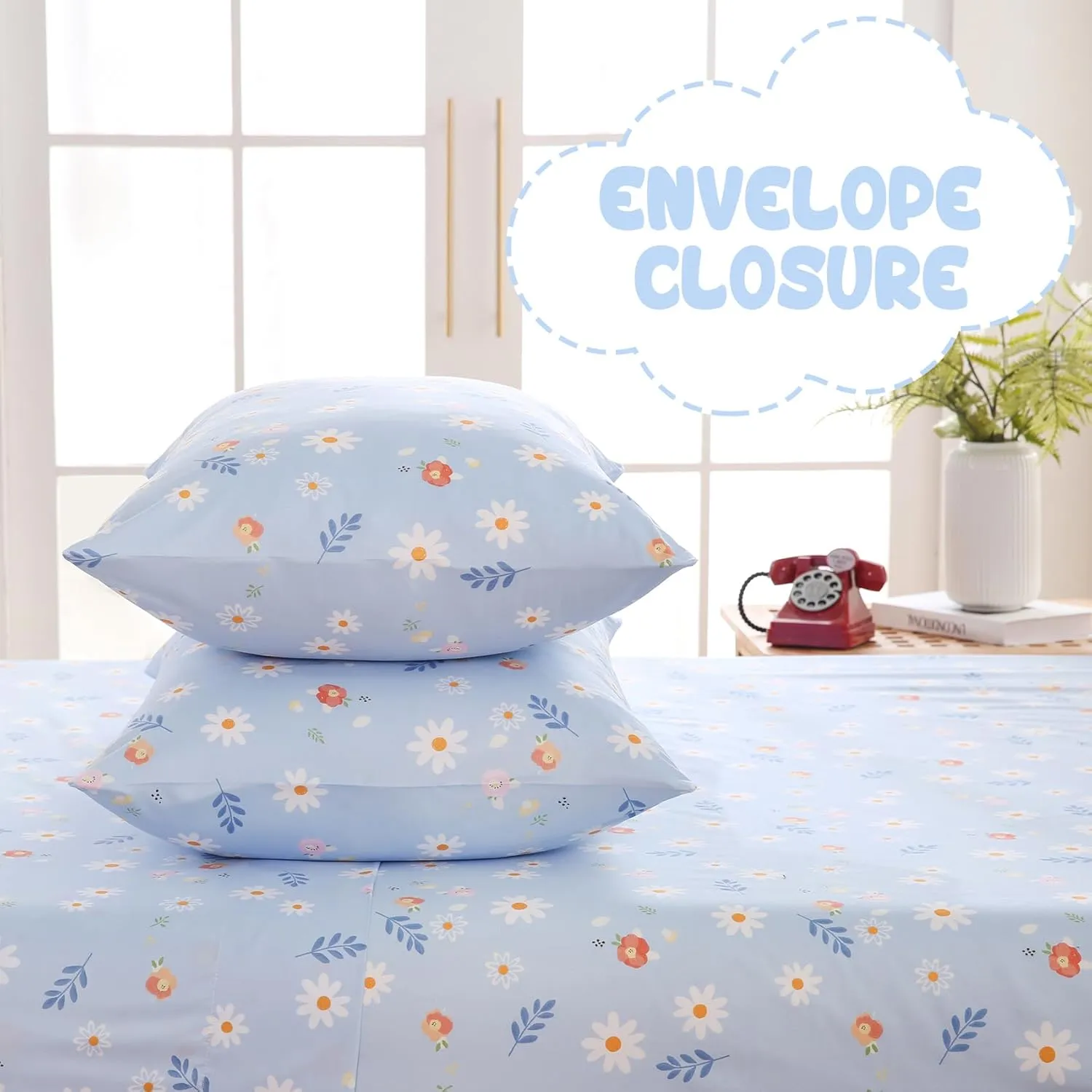 Yibeizi Blue Floral Sheet Set for Girls Twin, Kids Cute Daisy Print Bedsheets Microfiber Deep Pocket Flower Patterned Bed Sheet & Pillowcase Sets 3 Pieces