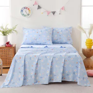 Yibeizi Blue Floral Sheet Set for Girls Twin, Kids Cute Daisy Print Bedsheets Microfiber Deep Pocket Flower Patterned Bed Sheet & Pillowcase Sets 3 Pieces