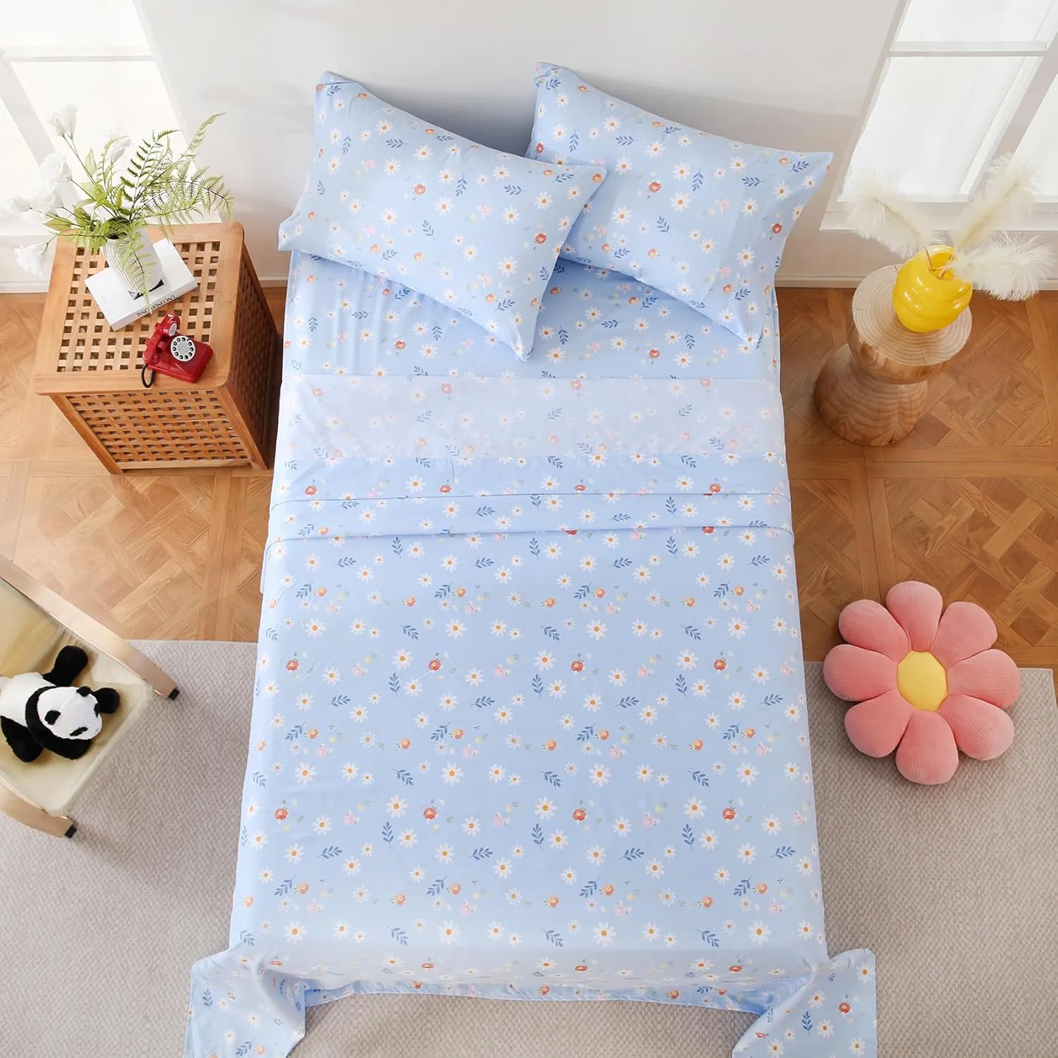 Yibeizi Blue Floral Sheet Set for Girls Twin, Kids Cute Daisy Print Bedsheets Microfiber Deep Pocket Flower Patterned Bed Sheet & Pillowcase Sets 3 Pieces
