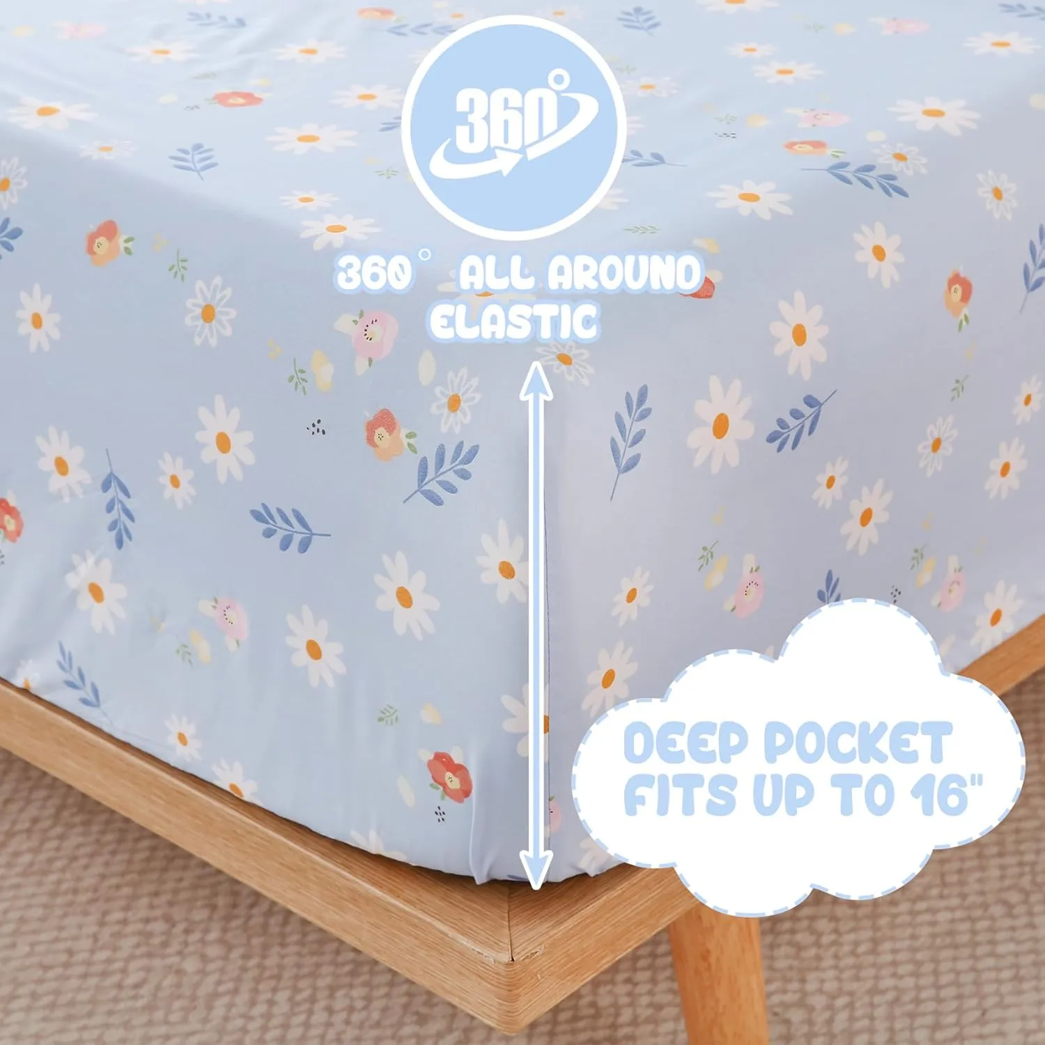 Yibeizi Blue Floral Sheet Set for Girls Twin, Kids Cute Daisy Print Bedsheets Microfiber Deep Pocket Flower Patterned Bed Sheet & Pillowcase Sets 3 Pieces