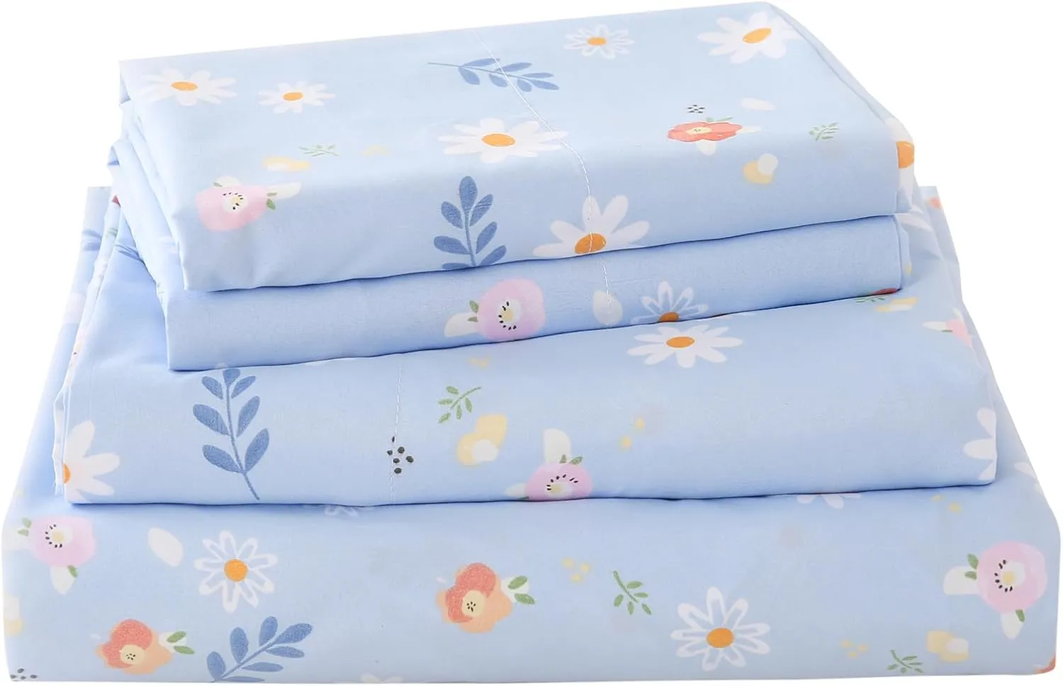 Yibeizi Blue Floral Sheet Set for Girls Twin, Kids Cute Daisy Print Bedsheets Microfiber Deep Pocket Flower Patterned Bed Sheet & Pillowcase Sets 3 Pieces