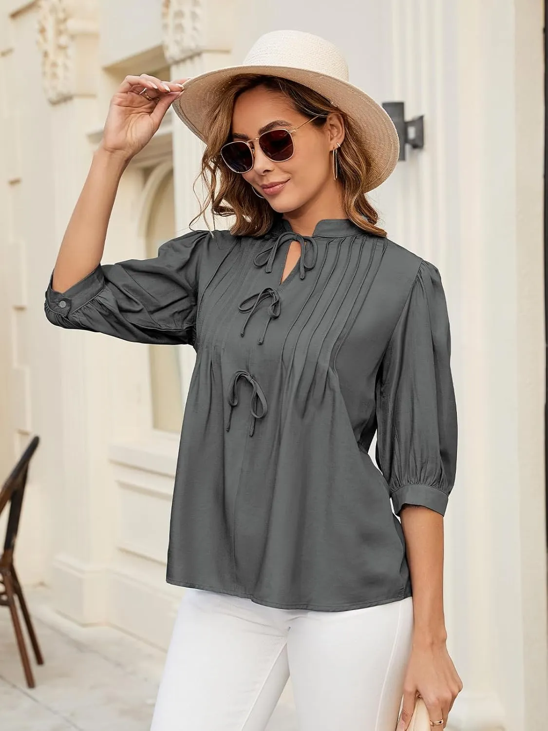 ZAFUL Womens Casual Tops 2025 V Neck Pleated Blouse 3/4 Sleeve Peplum Shirt Cute Bows Babydoll Top