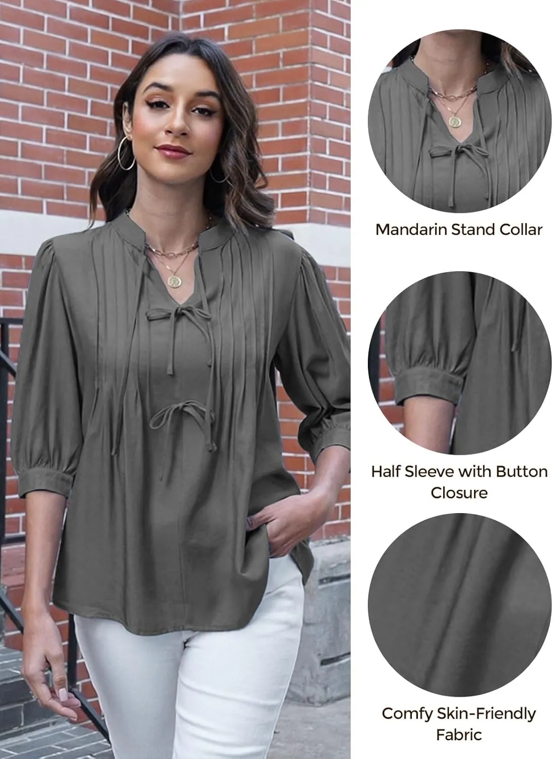 ZAFUL Womens Casual Tops 2025 V Neck Pleated Blouse 3/4 Sleeve Peplum Shirt Cute Bows Babydoll Top