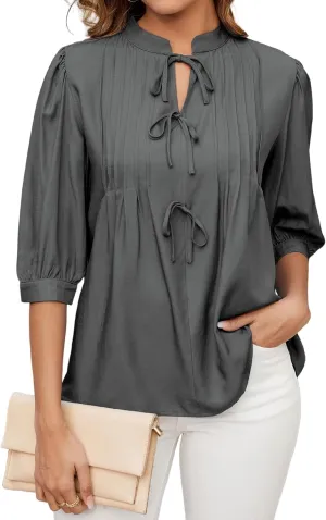 ZAFUL Womens Casual Tops 2025 V Neck Pleated Blouse 3/4 Sleeve Peplum Shirt Cute Bows Babydoll Top
