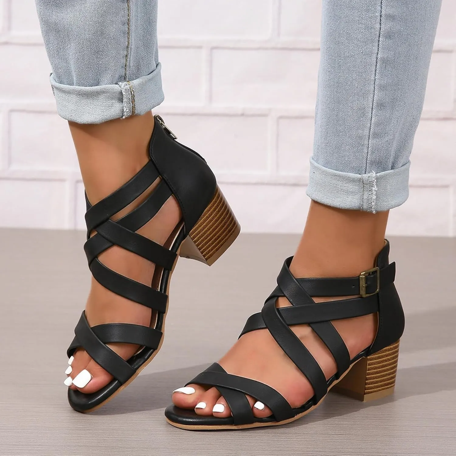 ZBYY Women's Low Chunky Heels Dress Pump Open Toe Cross Ankle Strap Wedding Block Heeled Sandals