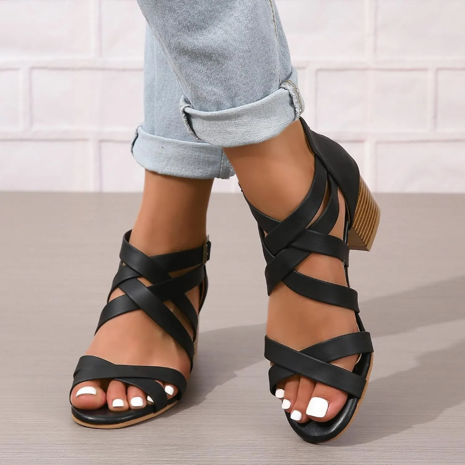 ZBYY Women's Low Chunky Heels Dress Pump Open Toe Cross Ankle Strap Wedding Block Heeled Sandals
