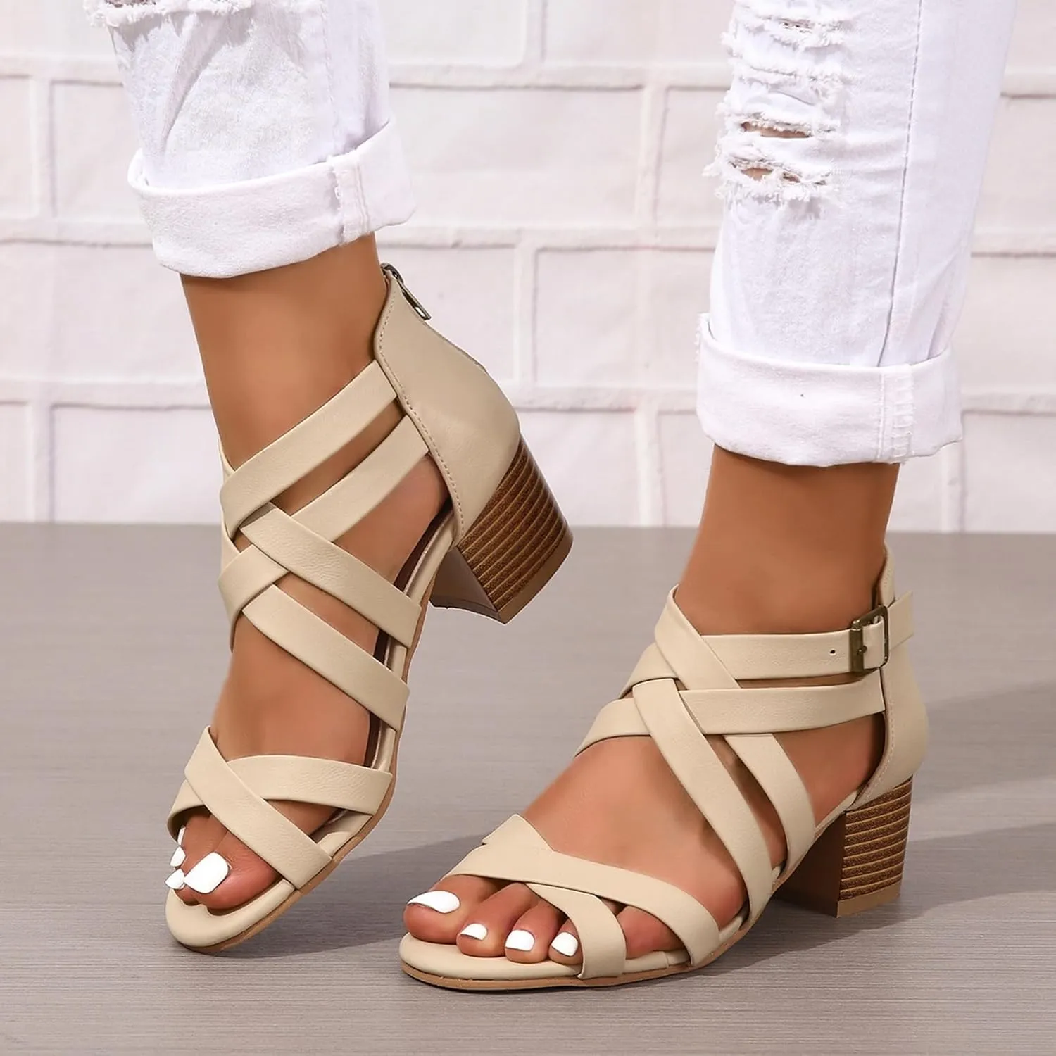 ZBYY Women's Low Chunky Heels Dress Pump Open Toe Cross Ankle Strap Wedding Block Heeled Sandals