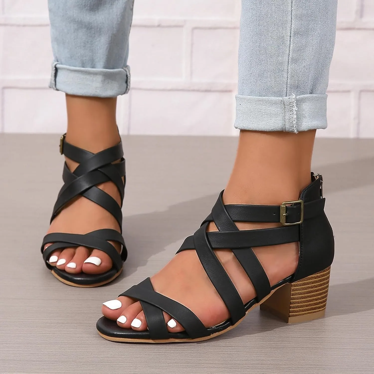 ZBYY Women's Low Chunky Heels Dress Pump Open Toe Cross Ankle Strap Wedding Block Heeled Sandals