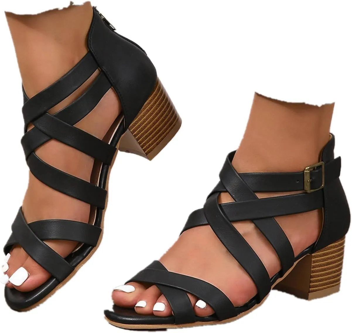 ZBYY Women's Low Chunky Heels Dress Pump Open Toe Cross Ankle Strap Wedding Block Heeled Sandals