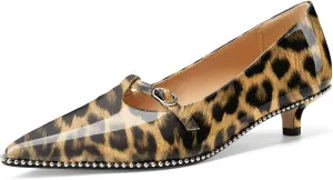 Z.Oufeier Women's Low Kitten Heels Pointed Toe Beaded Pumps Strap Buckle Patent Leather Slip-on Comfortable Office Work Dress Shoes Kitty Heels