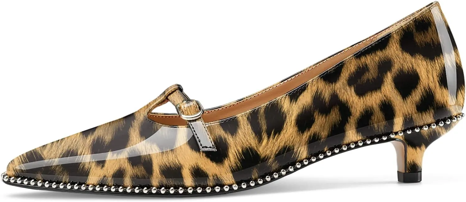 Z.Oufeier Women's Low Kitten Heels Pointed Toe Beaded Pumps Strap Buckle Patent Leather Slip-on Comfortable Office Work Dress Shoes Kitty Heels