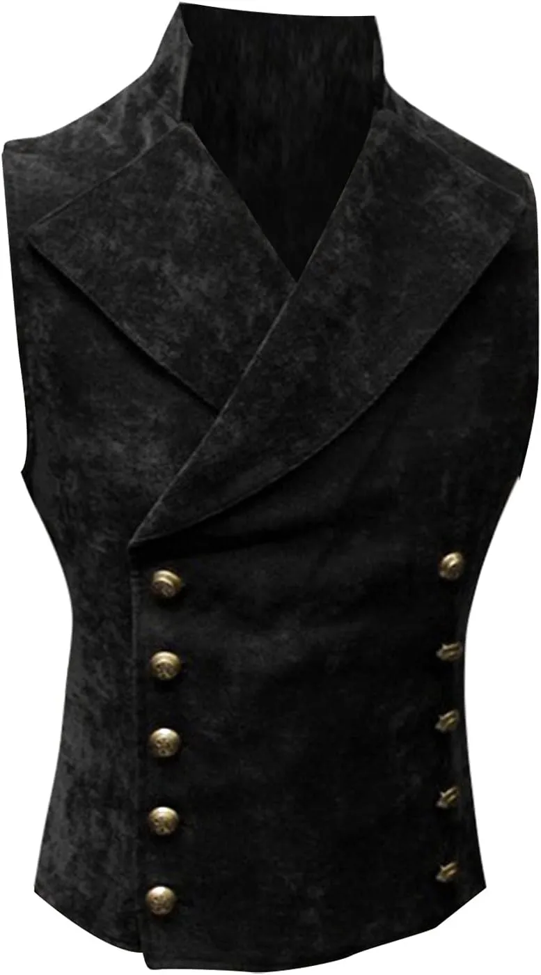 ZYXTIM Classic Retro Suede Leather Vest for Men, Slim Double Breasted Gothic Steampunk Waistcoat Stand Collar Biker Jacket