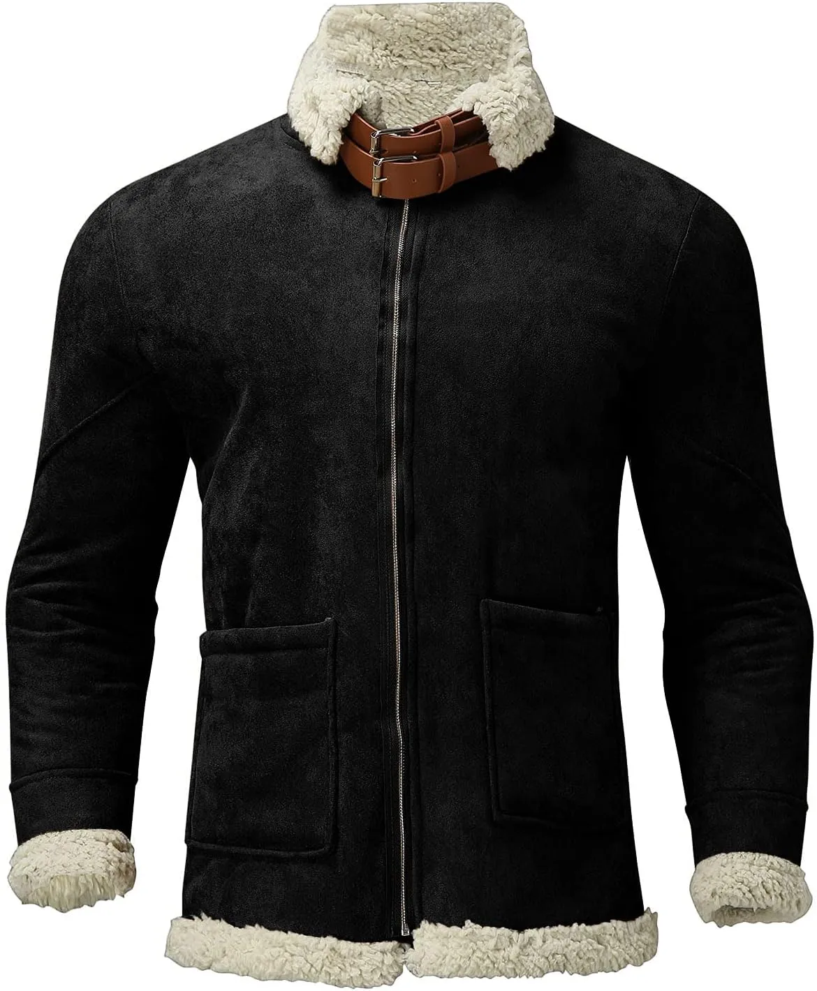 ZYXTIM Men's Suede Bomber Jackets Lapel Fleece Sherpa Lined Warm Trucker Jacket Oversized Zipper Heavyweight Trench Coat