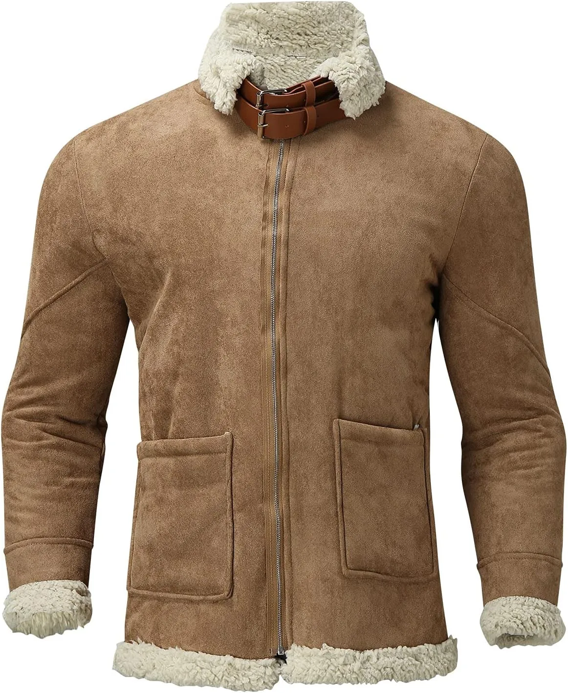 ZYXTIM Men's Suede Bomber Jackets Lapel Fleece Sherpa Lined Warm Trucker Jacket Oversized Zipper Heavyweight Trench Coat