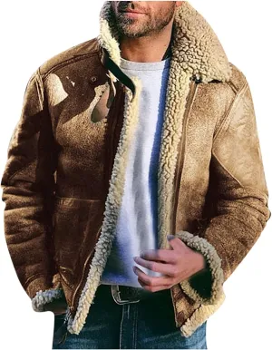 ZYXTIM Men's Suede Bomber Jackets Lapel Fleece Sherpa Lined Warm Trucker Jacket Oversized Zipper Heavyweight Trench Coat