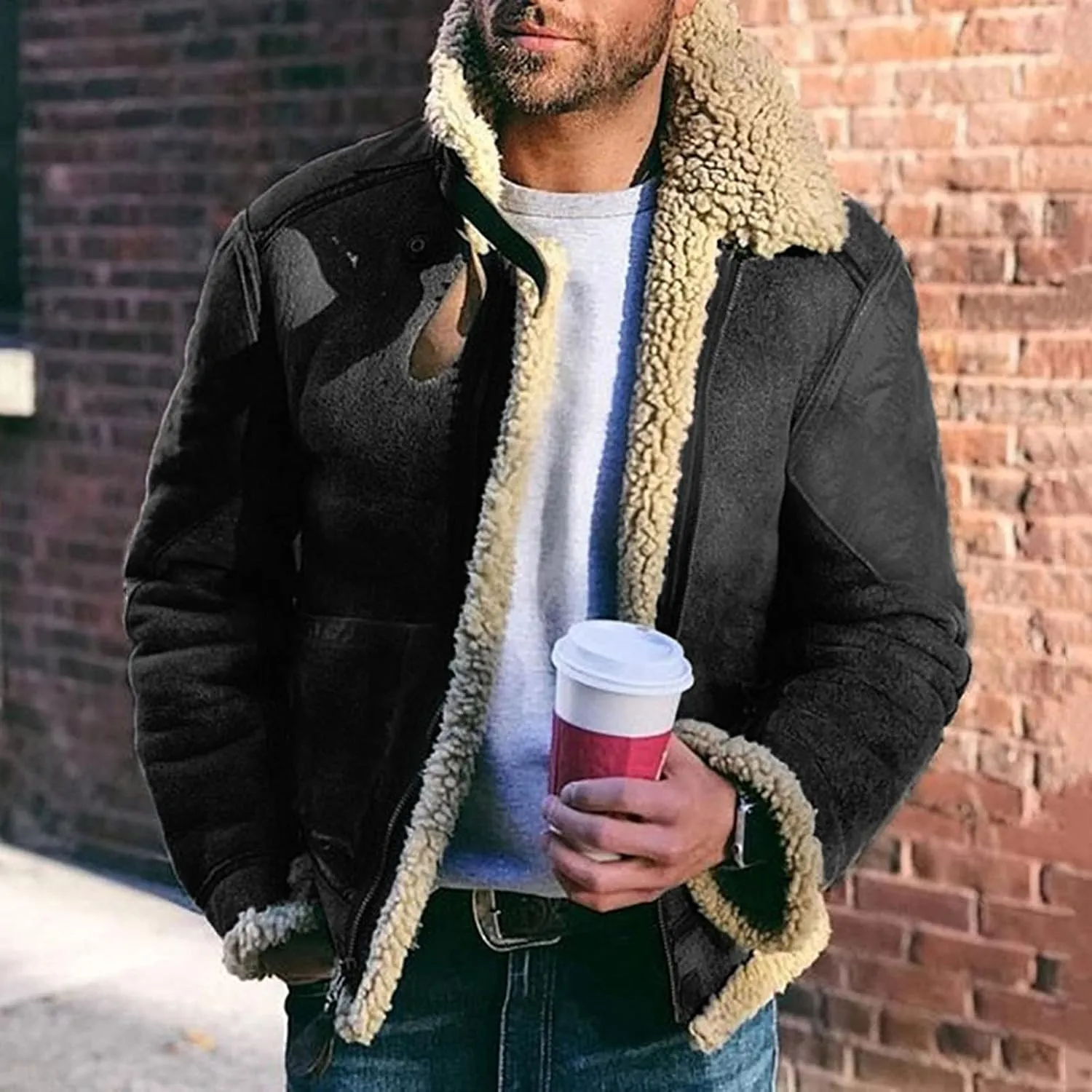 ZYXTIM Men's Suede Bomber Jackets Lapel Fleece Sherpa Lined Warm Trucker Jacket Oversized Zipper Heavyweight Trench Coat
